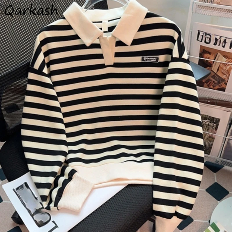 

Korean Style Hoodies for Women Young Girls Ulzzang Fashion Striped Turn-down Collar All-match Casual Ins New Chic Spring Autumn