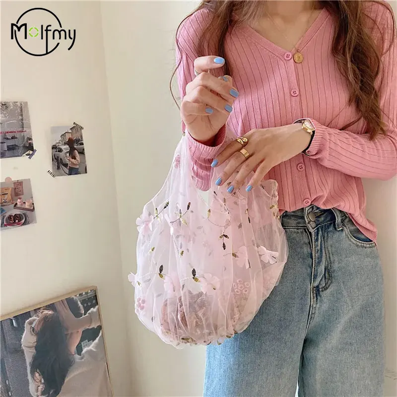 Transparent Women\'s Bag Silk Mesh Embroidery Flower Designer Luxury Bags Small Fresh Shopping Tote Bag Carteras Para Mujeres