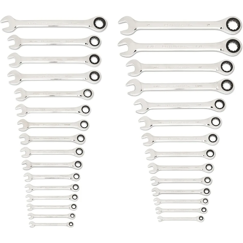 GEARWRENCH 30 Piece 12 Point Ratcheting Combination SAE/Metric (1/4-1 in., 8-24 mm) Wrench Set with Wrench Racks - 86702