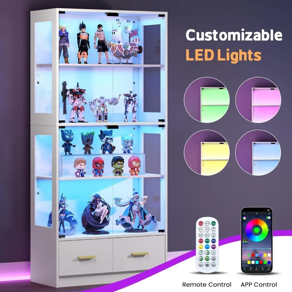 67" Curio Cabinet with Glass Doors, 4-Tier Display Case with RGB LED Lights & 2 Drawers, White for Collectibles view 3