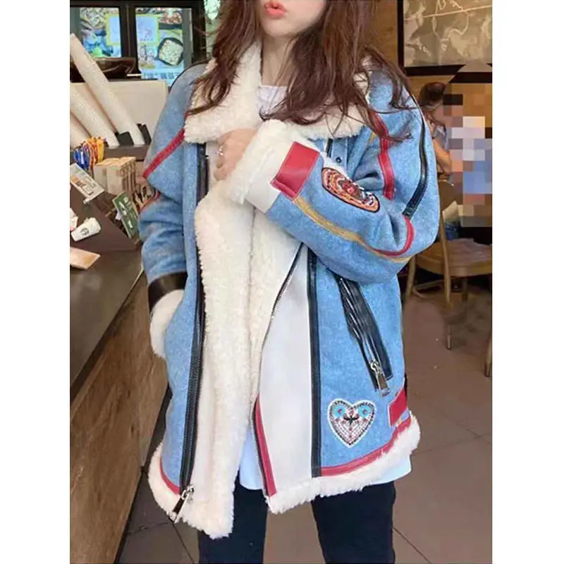 Veste de motard en Faux peau de mouton pour femme, manteau d'hiver en Patchwork épais doublé de polaire, Style hongkongais rétro, nouvelle collection 2025