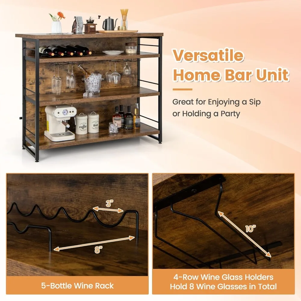 Home Bar, tavolo da bar per liquori a 4 livelli con poggiapiedi, portabottiglie per vino, portabottiglie, portabottiglie, mini cabina da bar ad angolo industriale