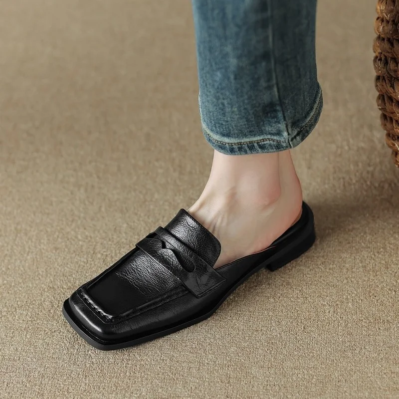 

Women Mule Slippers Concise Style Simple Flat Shoes Cowhide Leather Square Toe Mules Spring Autumn Women Flats Outdoor Slippers