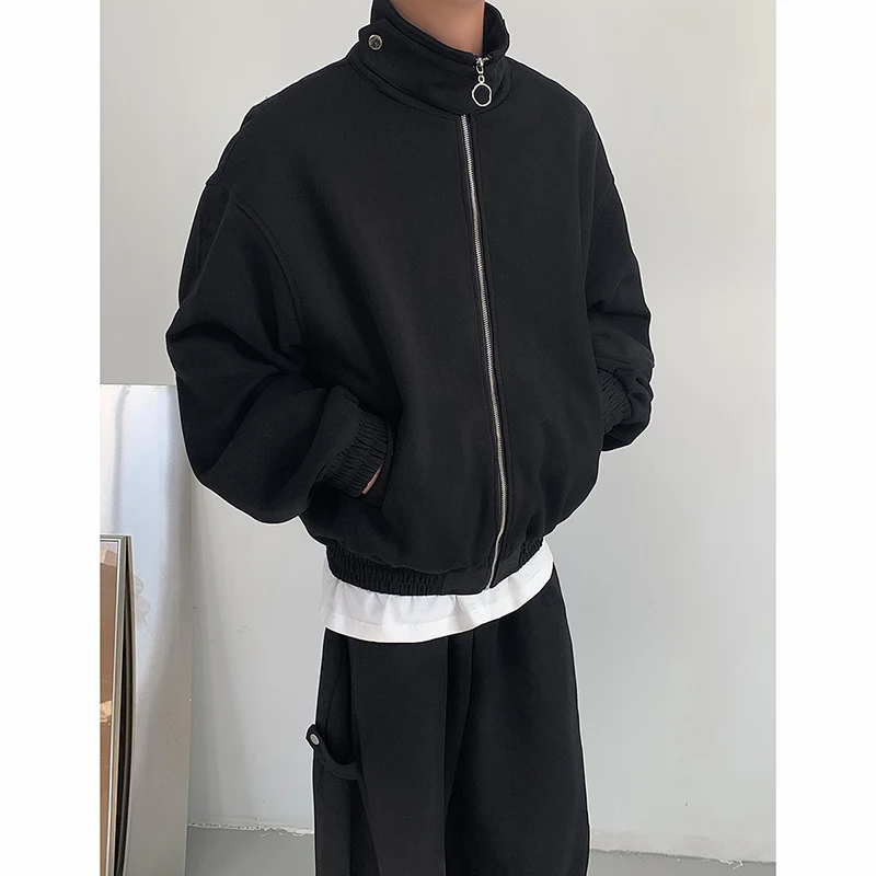 [BOMP] Fashion Niche Stand Up Collar Sports Hoodie Casual Pants Korean Autumn Silhouette Padded Shoulder Jacket Design Sense Set