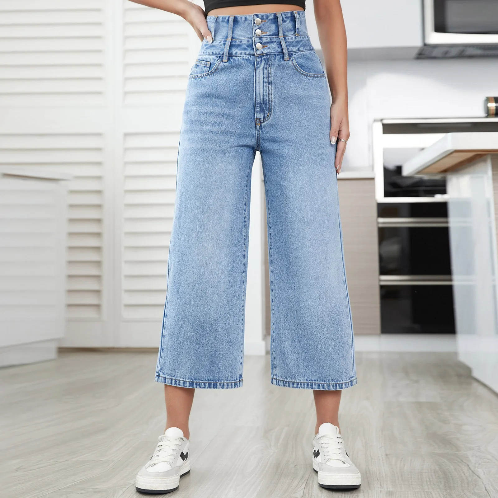 Women 2024 New Product Design Sense Dislocation Double Waist Casual Loose Type Wide Leg Pants Jeans Korean Fashion Jeans