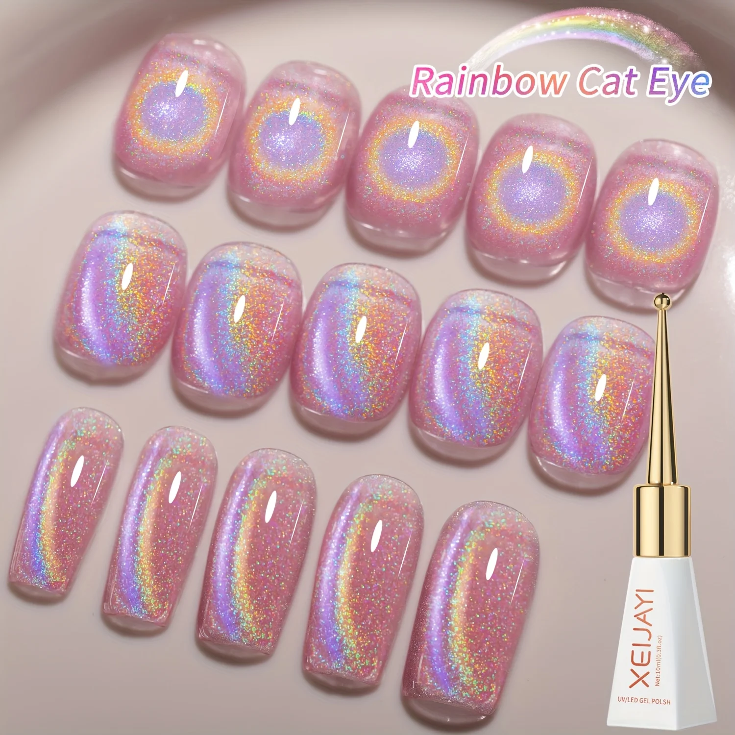 XEIJAYI 1 pieza 10 ml Rosa Arco Iris Ojo de Gato Esmalte de uñas de gel magnético Luz LED UV extraíble para mujeres - Barra magnética no incluida