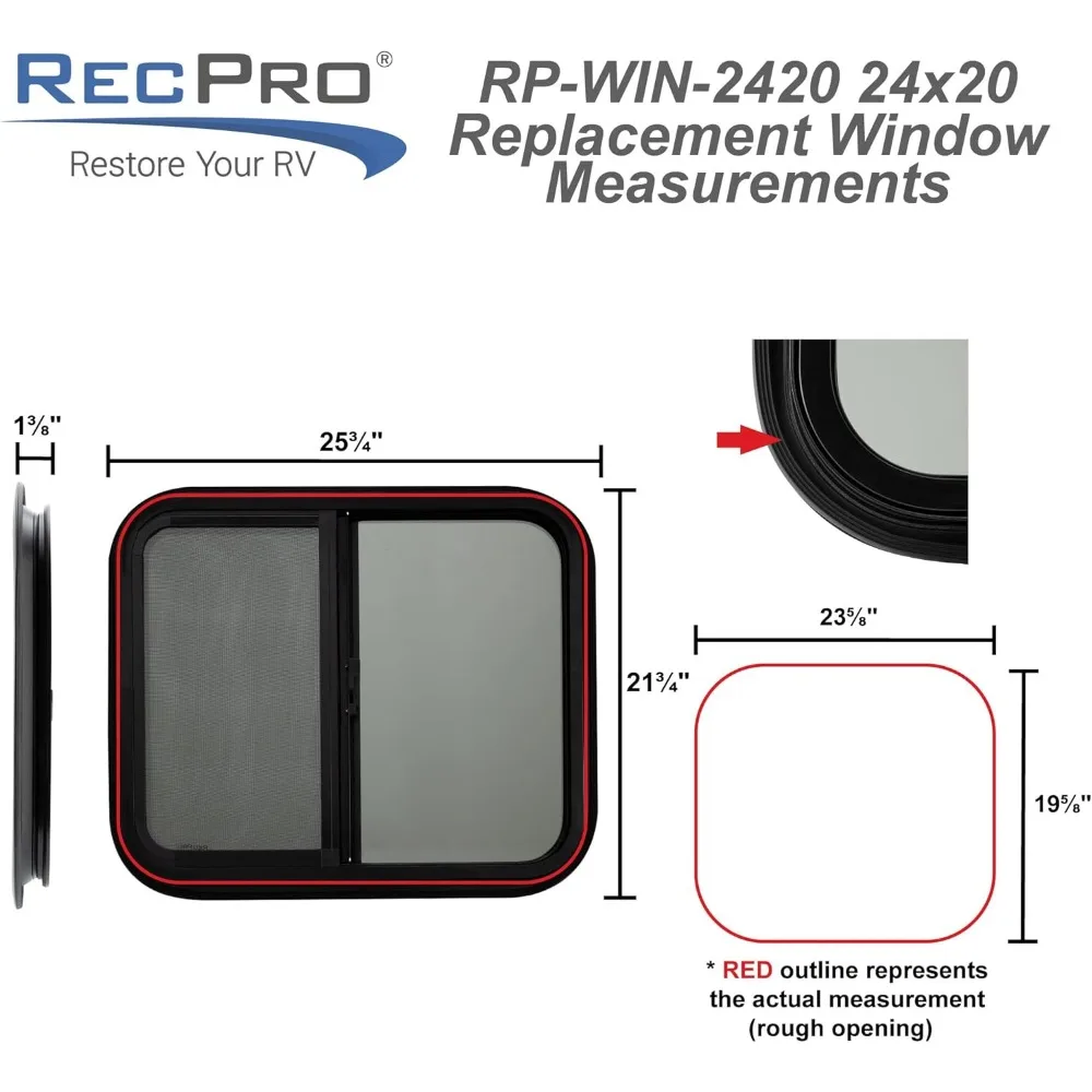 Ventana RV deslizante horizontal de 24 x 20, 1,5 paredes, 2 ventanas, kit de molduras incluido, fabricado en Estados Unidos