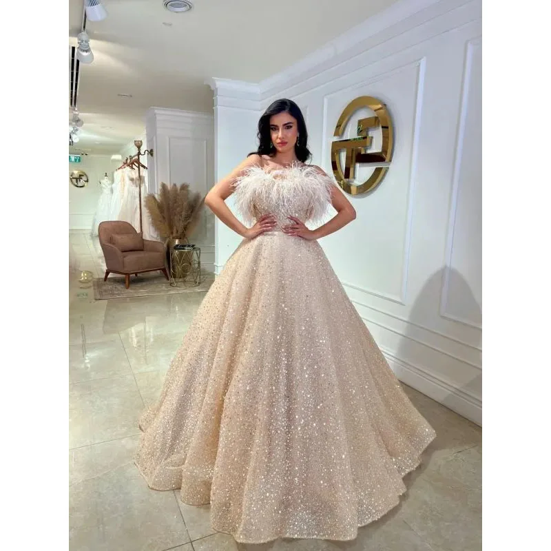 

Elegant Glitter Evening A-Line Crystal Sequins Feathers Sweetheart Formal Party Prom Dress Ruffle Dresses For Special Occasions