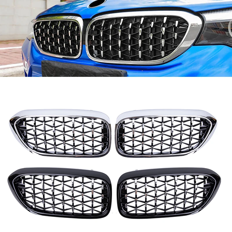 A Pair Car Front Bumper Kidney Grille Grill Diamond Meteor Style For BMW 5 Series G30 G38 2017 2018 2019 2020 Auto Accessories