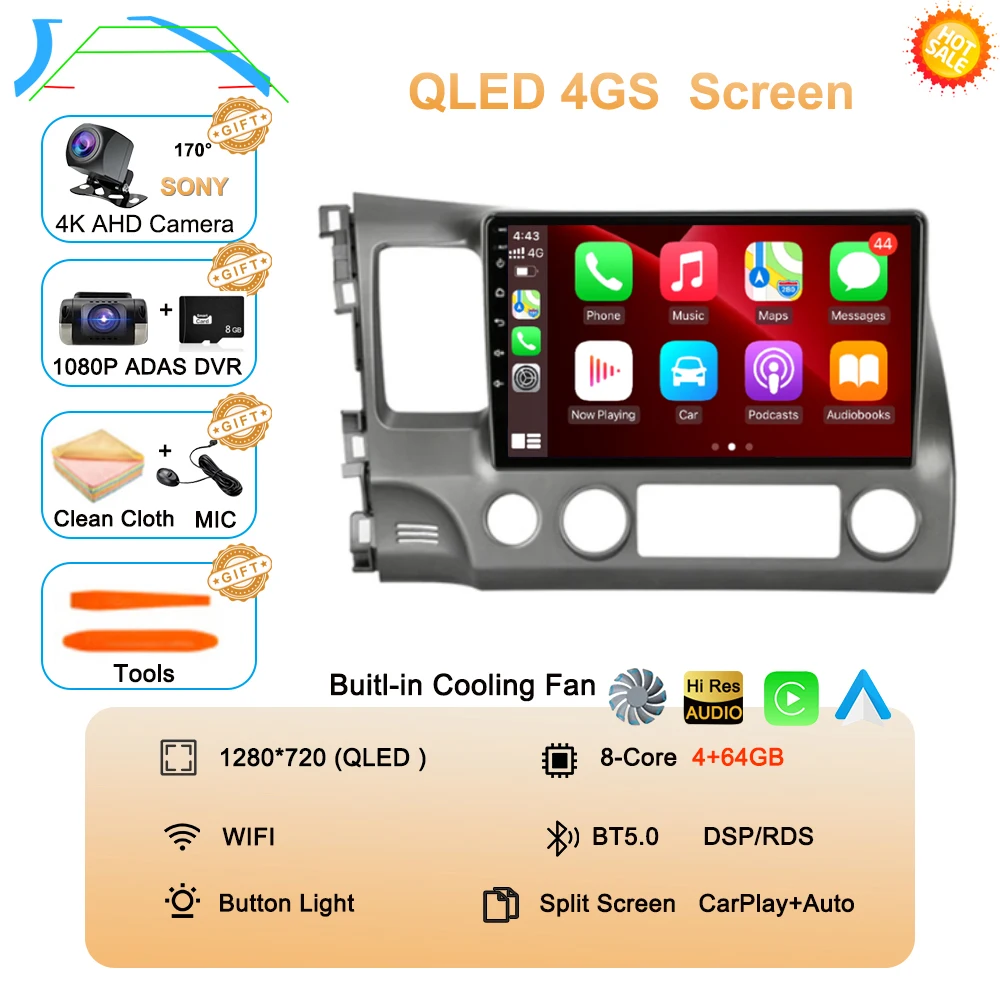 Android 16 autoradio voor Honda Civic 8e generatie (2005-2011) multimedia draadloze CarPlay Android Auto
