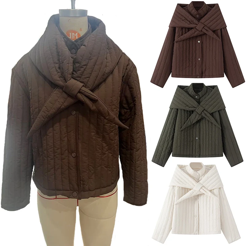 

Женское зимнее пальто 2025 года, новая модная осенняя теплая хлопковая куртка с воротником-стойкой и съемным шарфом, повседневное шикарное женское пальто
