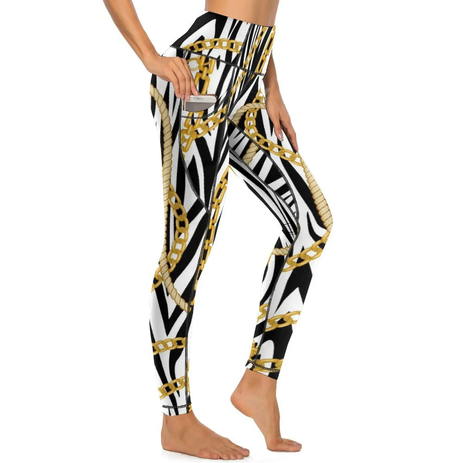 Gold Chains Yoga Pants Pockets Zebra Striped Leggings Sexy High Waist Kawaii Yoga Sports Tights Quick-Dry Graphic Gym Leggins