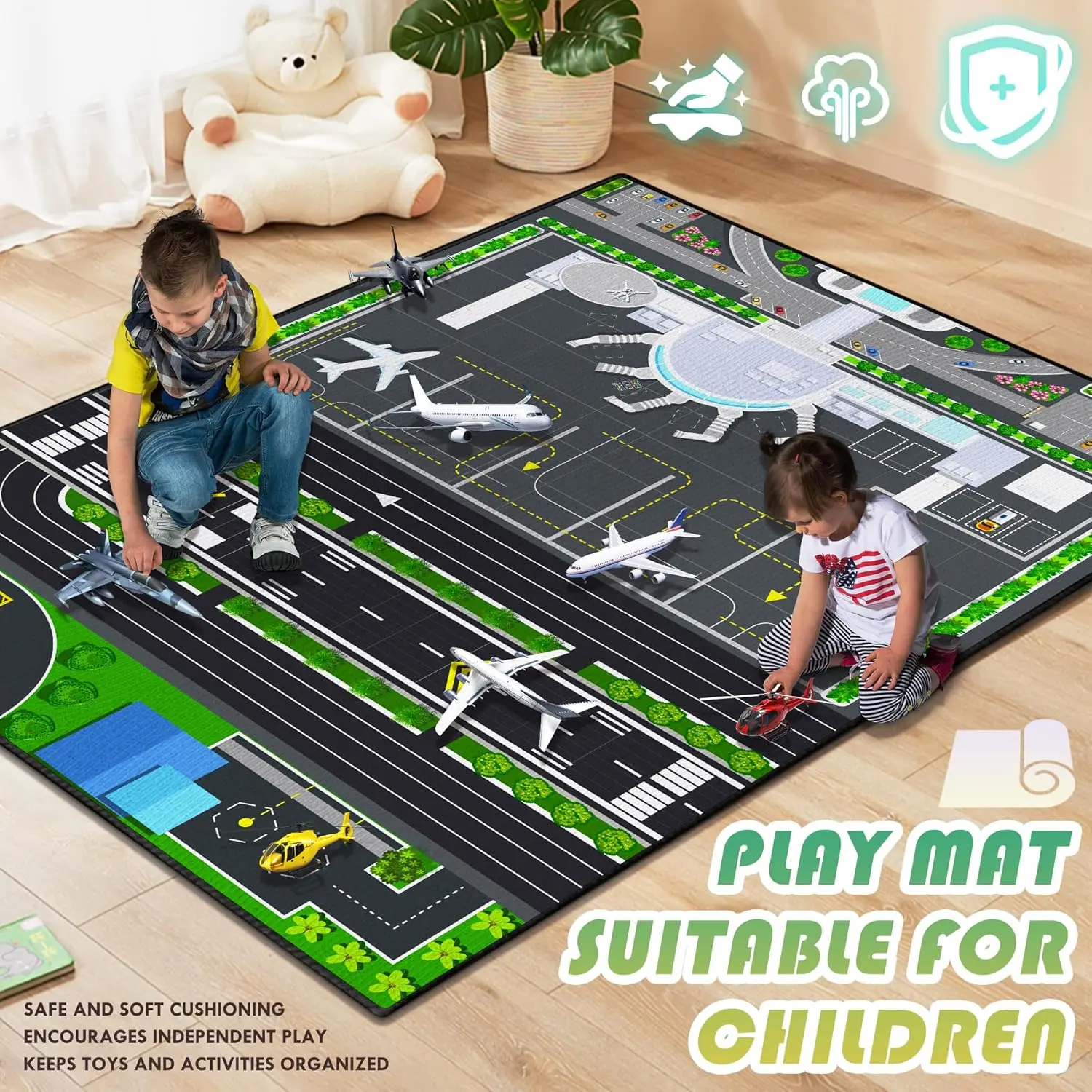 Kids Airport Play Rug, Interactive Design with Runways,Planes & Airport Layout, Non-Slip Washable Floor Mat for Nursery Playroom