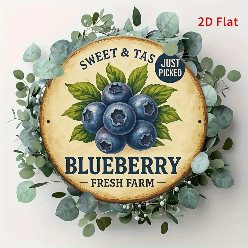 1pc 2D Flat Metal Sign, Vintage Farmhouse Wall Decoration - Rustic Blueberry Design Featuring The Text 'Sweet & Tas Fresh Farm'