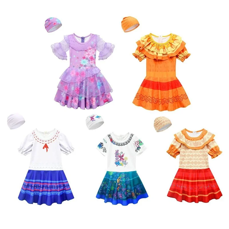 

Girls Summer Encanto Cosplay Mirabel Isabela Swimsuit for Girl One Piece Charm Costume Set Princess Carnival Kids Midi Dress Up