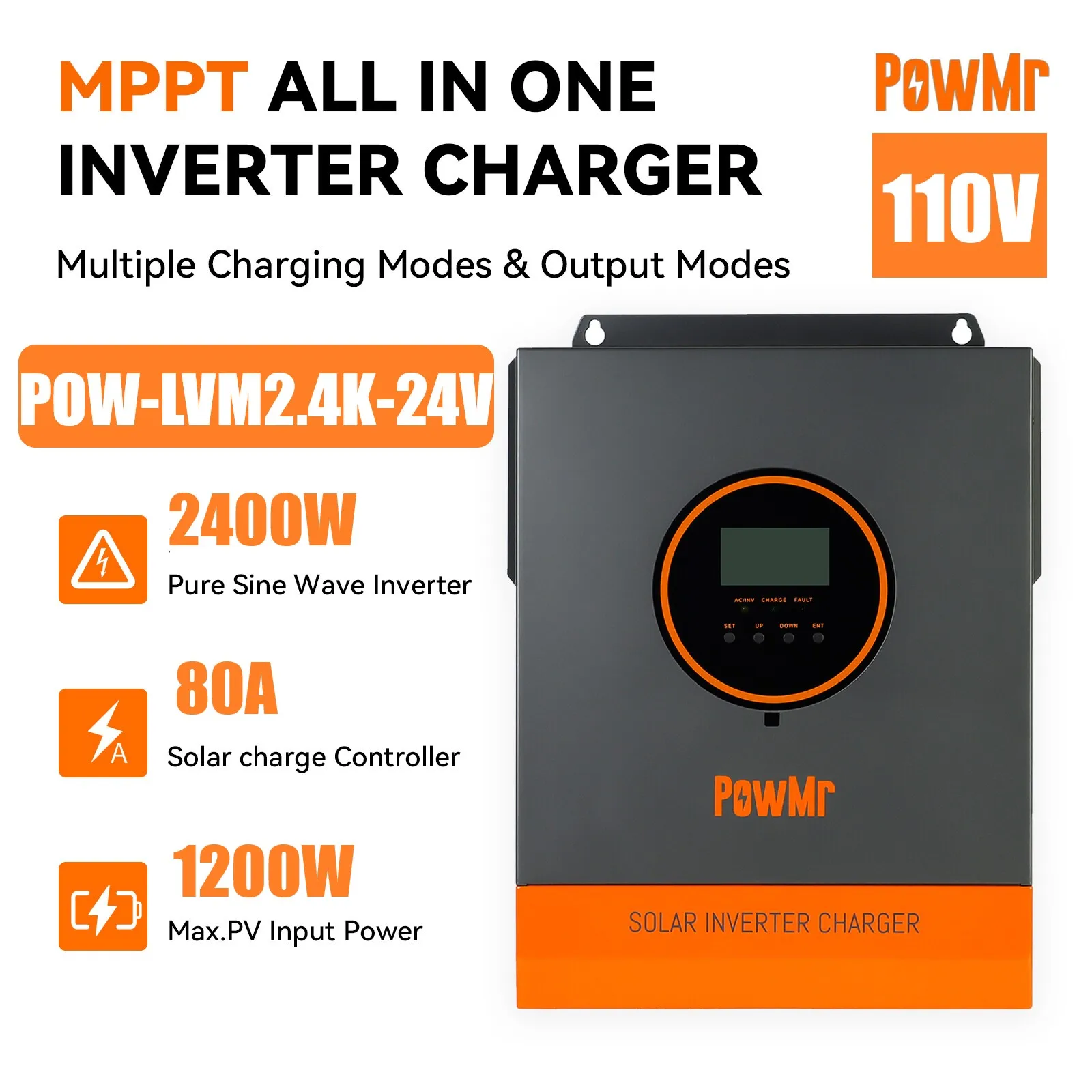

PowMr 2400 Вт ШИМ гибридный солнечный инвертор 24 В постоянного тока до 110 В/120 В переменного тока 120 А контроллер солнечного заряда чистая синусоида поддержка литиевой батареи