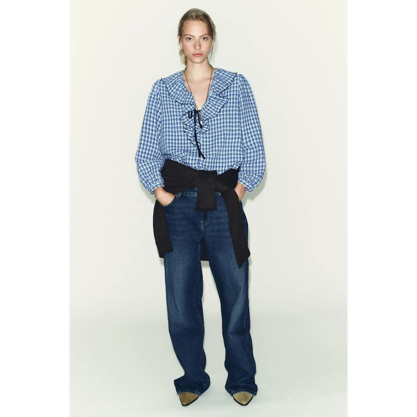 

Французская свободная блузка с узлом, длинными рукавами, V-образным вырезом и декоративной мелкой клеткой, женская, премиум-класса, модная, весна 2025