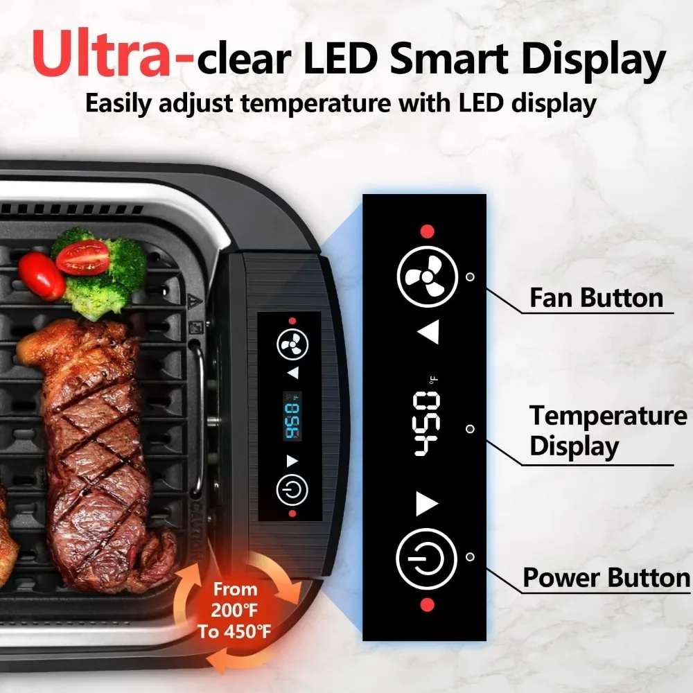 Electric Smokeless Grill, 1500W BBQ Grill, with LED Smart Display & Tempered Glass Lid, Non-stick Removable Grill Plate