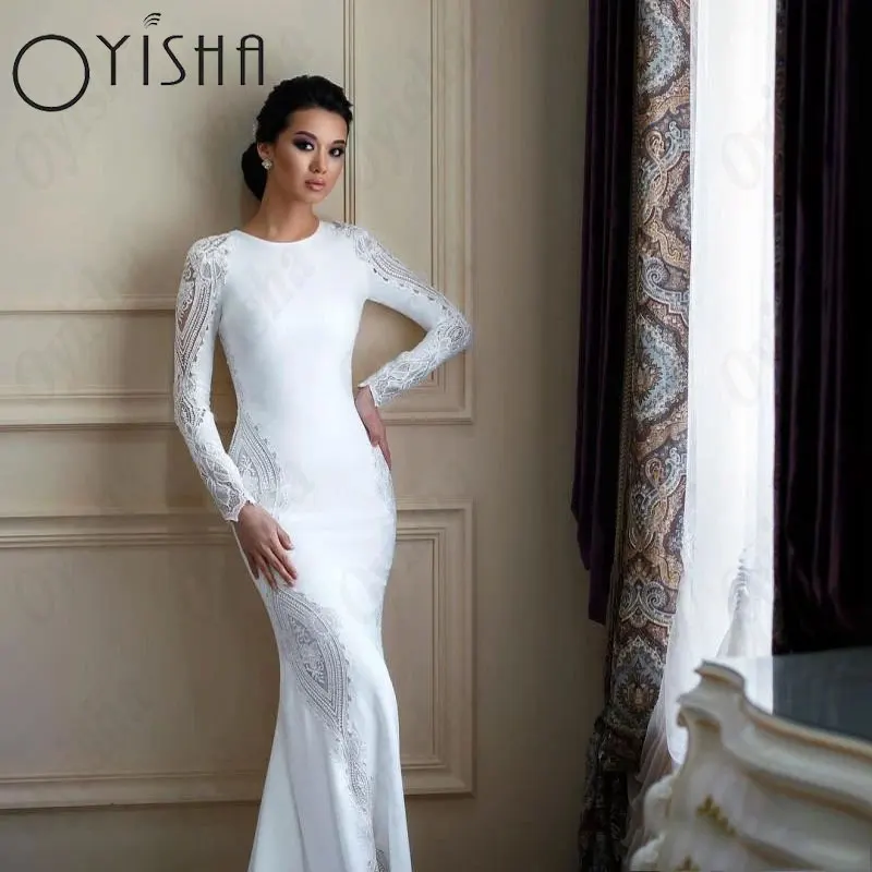 OYISHA Mermaid Appliques Muslim Wedding Dresses Elegant Satin O-Neck Full Sleeve Bridal Gowns Button Classic Vestido De Mariages