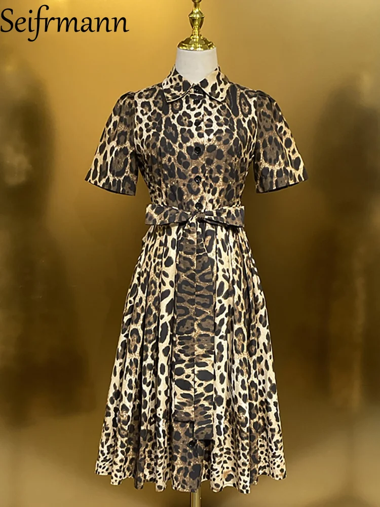 Seifrmann Lässiges bedrucktes Baumwoll-Hemdblusenkleid mit Revers, kurzen Ärmeln und Taillenbund, Midikleid, Sommer 2026, Neuer Damen-Stil