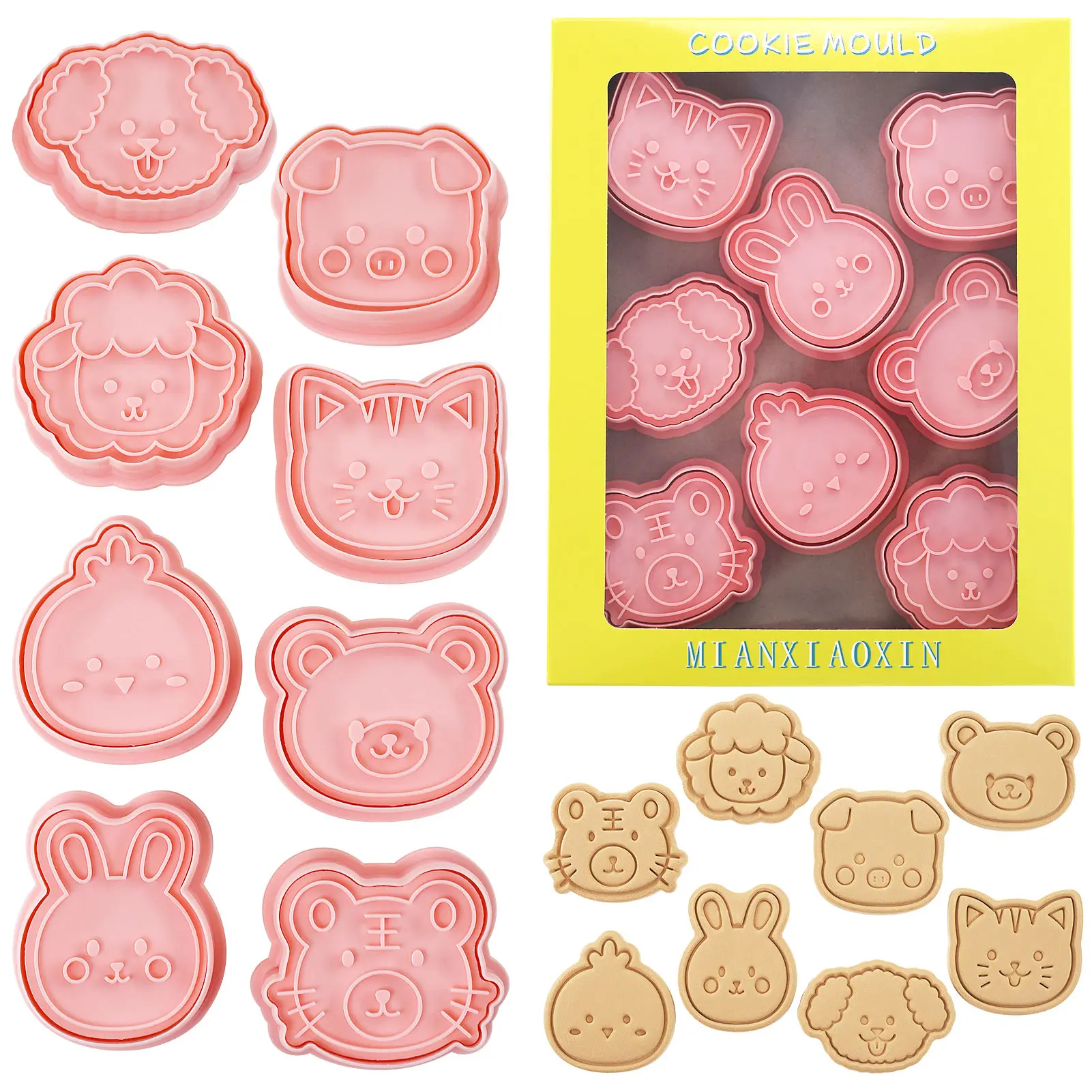 8 unids/set retrato de Animal molde para sellos de galletas oso, cerdo, pollo, perro, conejo, oveja, tigre, molde para galletas con forma de gato herramientas para hornear