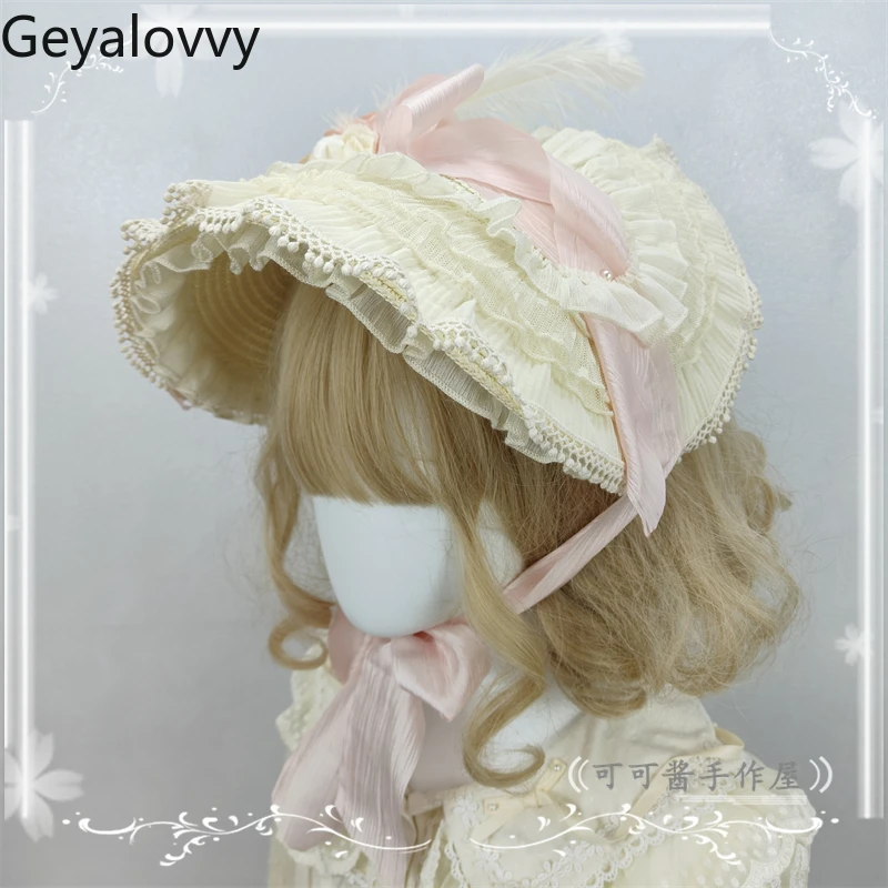 

Japanese Handmade Flower Lace Versatile Lolita Visor Hat Summer Original Design Idyllic Caps Sweet Girls Lace-up Straw Hats