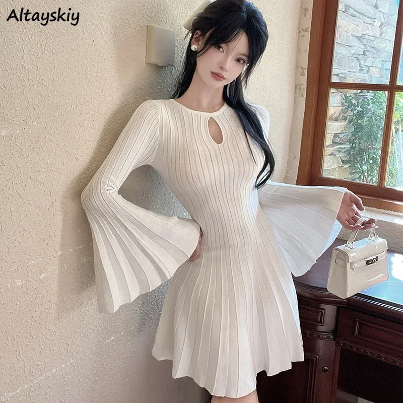 Sexy Mini Dresses Women Knitting Casual Hollow Out Soft Gentle Ulzzang Flare Sleeve All-match Fashion High Waist Streetwear Chic