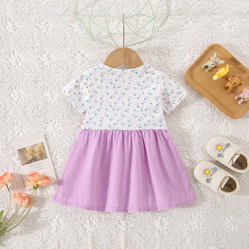 Summer Girls Dress and Baby Girl Fake Two Small Flower Printed Short Sleeves Two Three Dimensional Flower Strap Dress