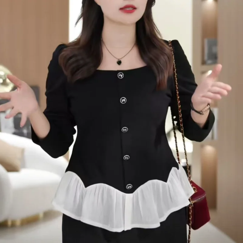 Elegant Cotton Ruffled Square Neck Top for Age Reduction 2025 Autumn and Winter
