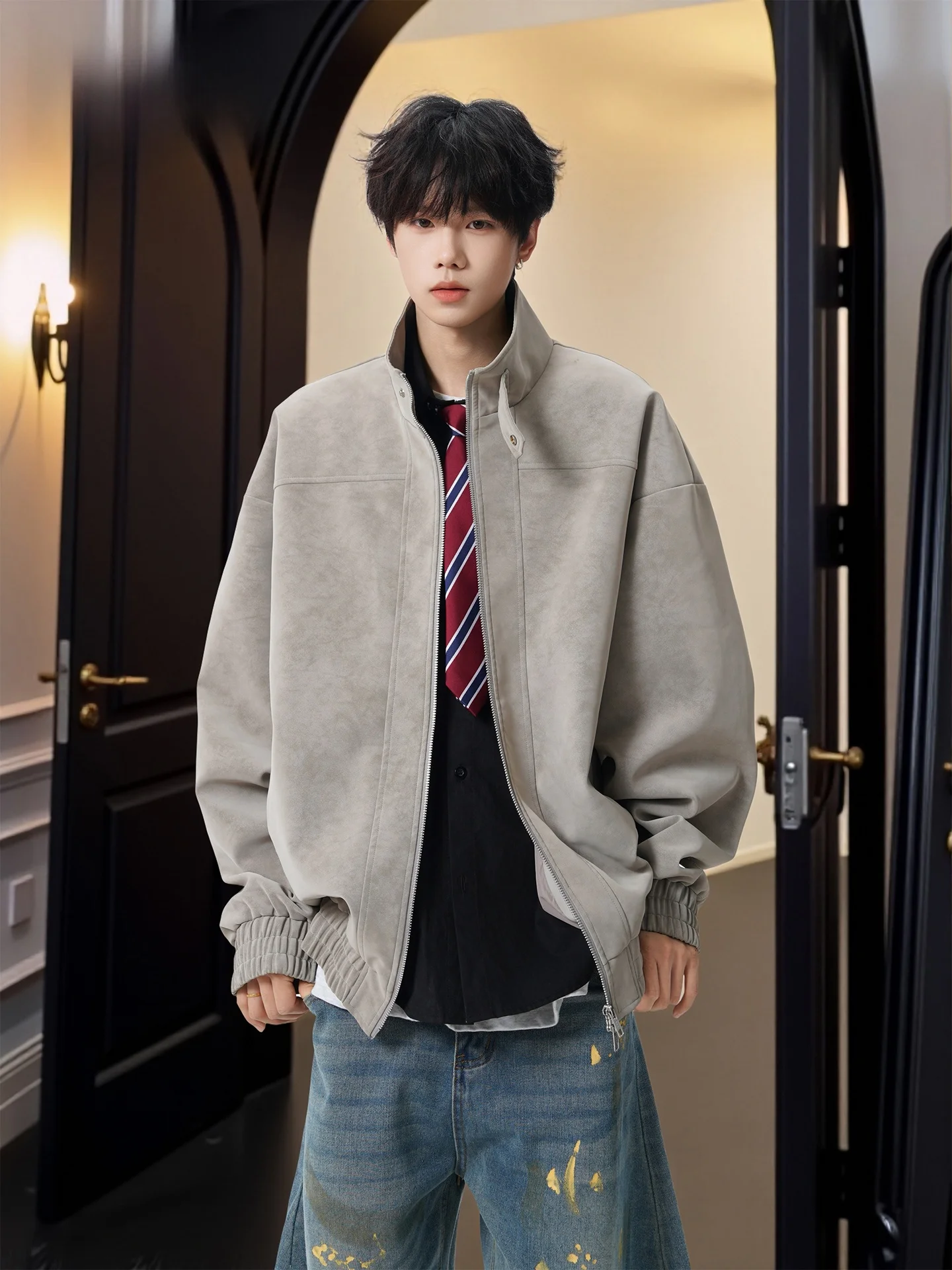 

American Retro Stand Collar Leather Jaet Men's Loose Casual Versatile Motorcycle Outerwear Autumn Top Youth Faion Polyester