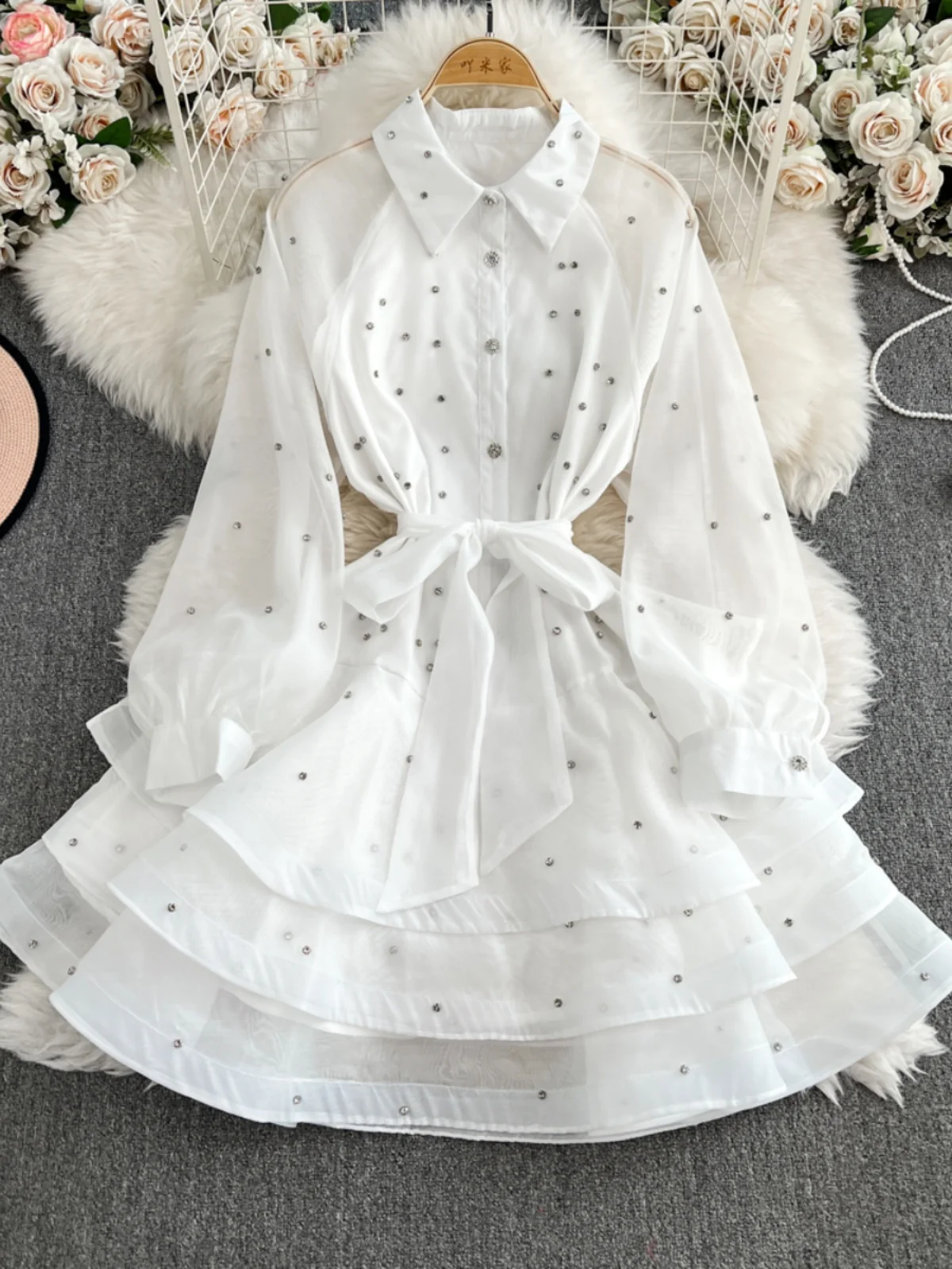 Faionable Diamond Embellished Puffy Sve Midi Dr Gonna da donna a vita alta dimagrante ecian Sle Gonna coreana Sle lunga Sve