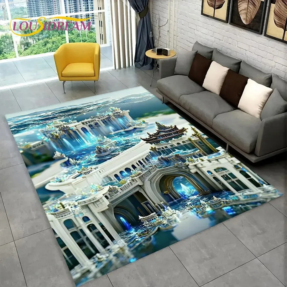 Exquisite Crystal Velvet Carpet 3D Magic Castle Scenic Area Rug Non-Slip Floor Mat for Living Room Bedroom Kitchen Decor