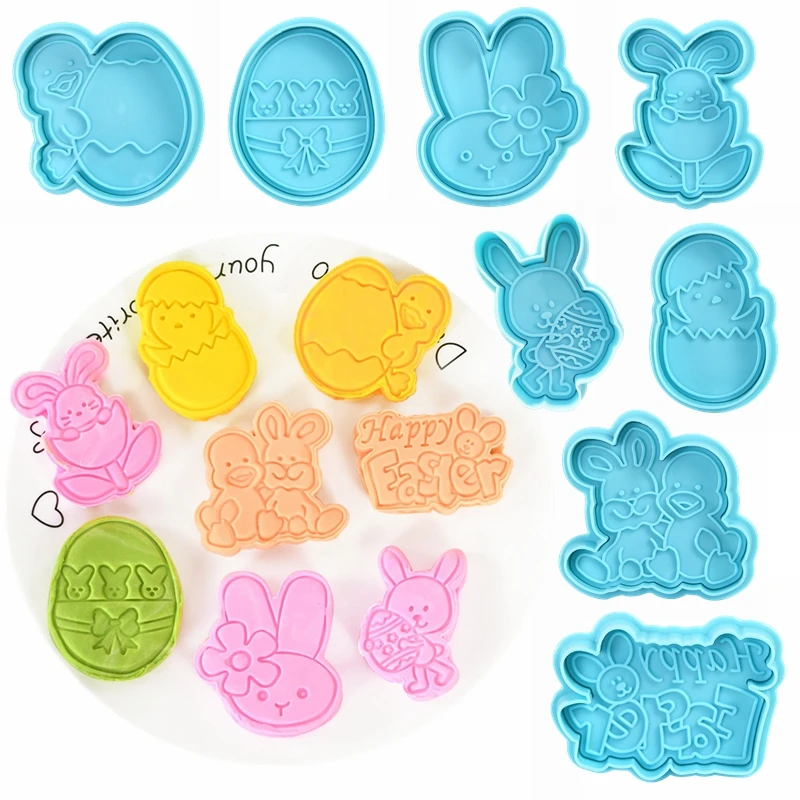 

4pcs Easter Bunny Egg Cookie Cutter Embosser Mold Cute Rabbit Chick Fondant Biscuit Mould Easter Party DIY Cake Decorating Tools