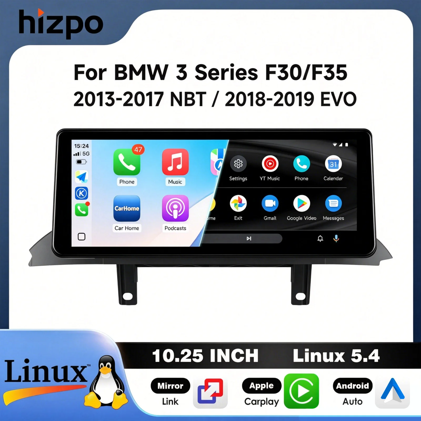 Autoradio Hizpo Linux 5.4 da 10,25" 12,3" per BMW Serie 3 F30 F35 2013-2017 NBT 2018-2019 EVO con Android Auto, Mirror Link, Apple CarPlay e schermo 1920*720