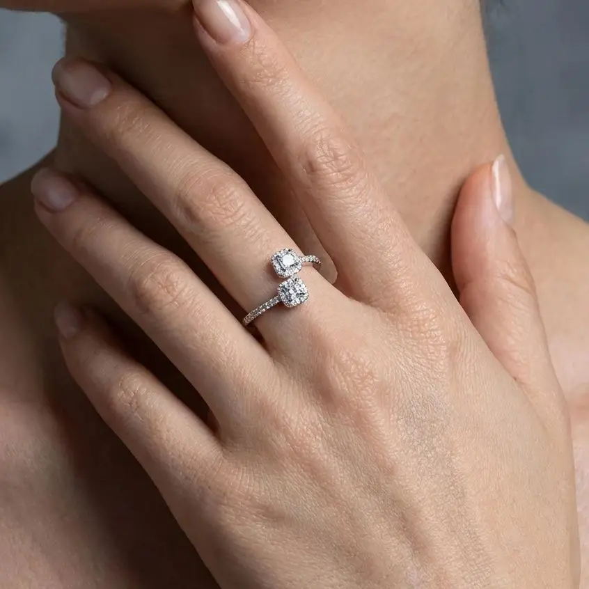 Minimalist Geometry Shining Zircon Opening Ring for Women Elegant Square Double Head Adjustable Ring Romantic Jewelry Gift