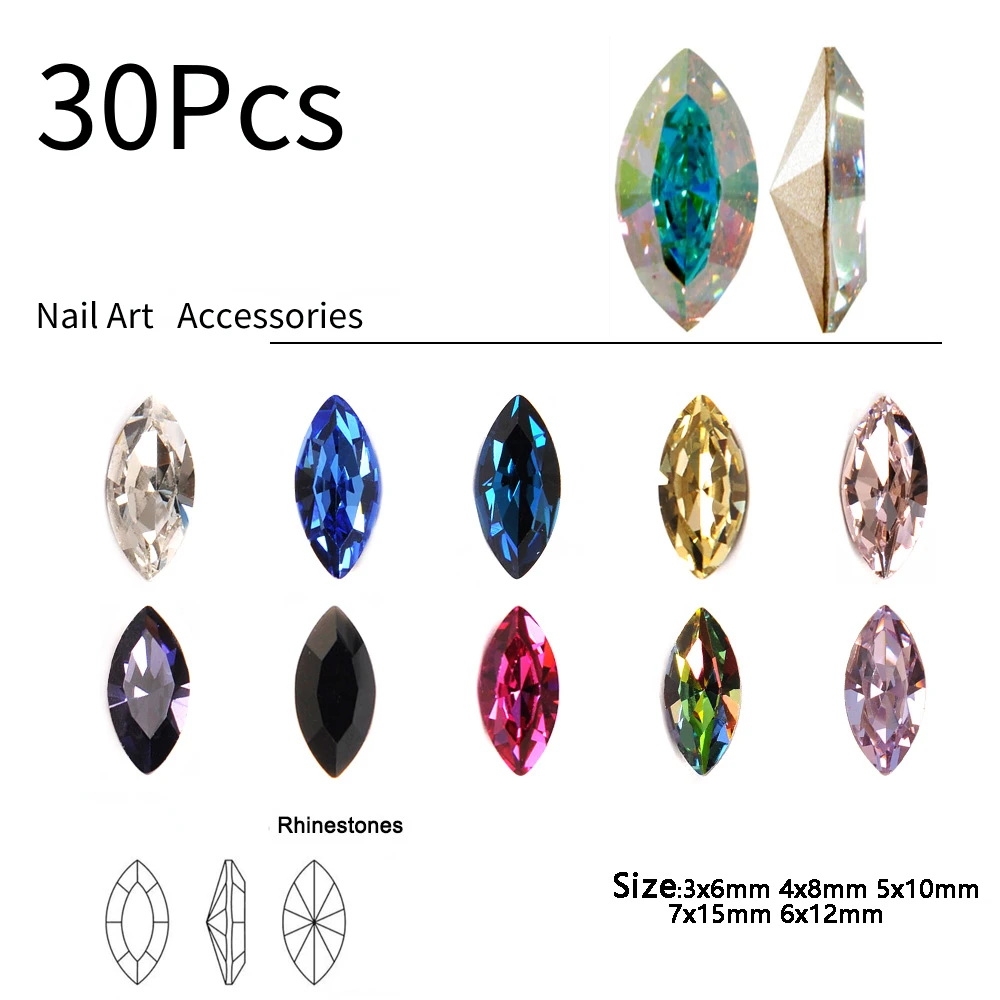 New Colorful 30pcs Glass DIY Nail Art Accessories Rhinestones Horse Eyes Stones Loose beads for jewelry making