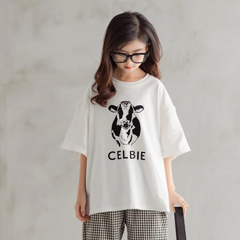 2024 Teenager Summer Kids Girls clothes cotton cow half sleeve Outfit Tops t shirt + plaid ankle-tie Pants 6 7 8 9 10 11 12 year