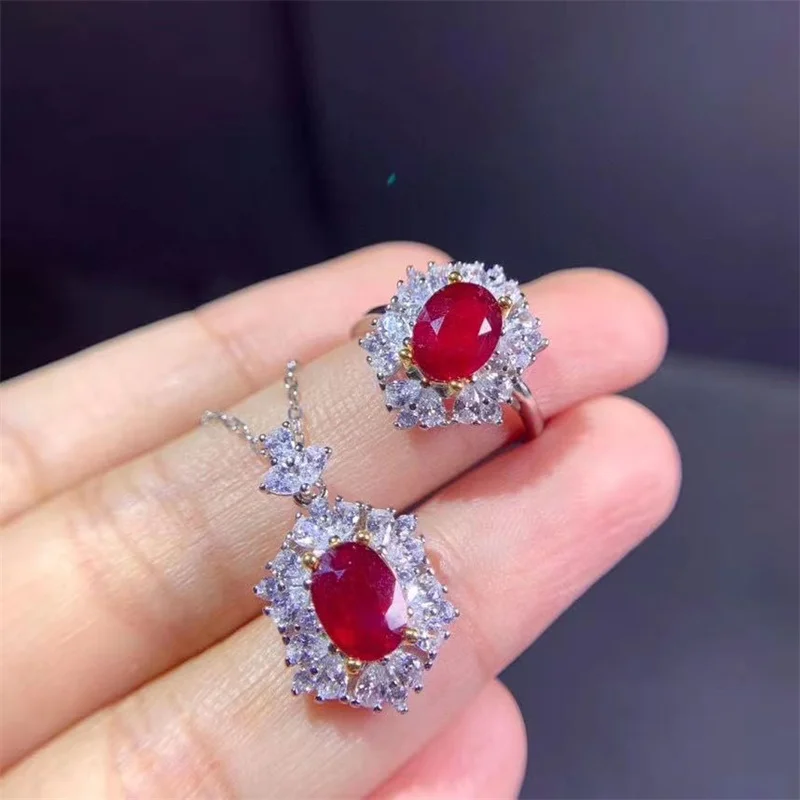 Authentic Natural Ruby Ring S925 Silver Ring Pendant Necklace Jewelry Sets  for Women Gemstone Gift  with Certificate