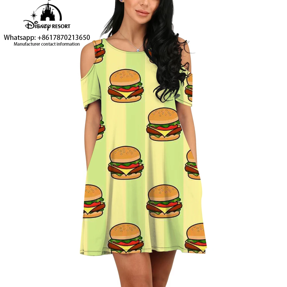 New women's comfortable, fashionable and casual pullover short-sleeved off-shoulder dress Spongebob cartoon dress summer