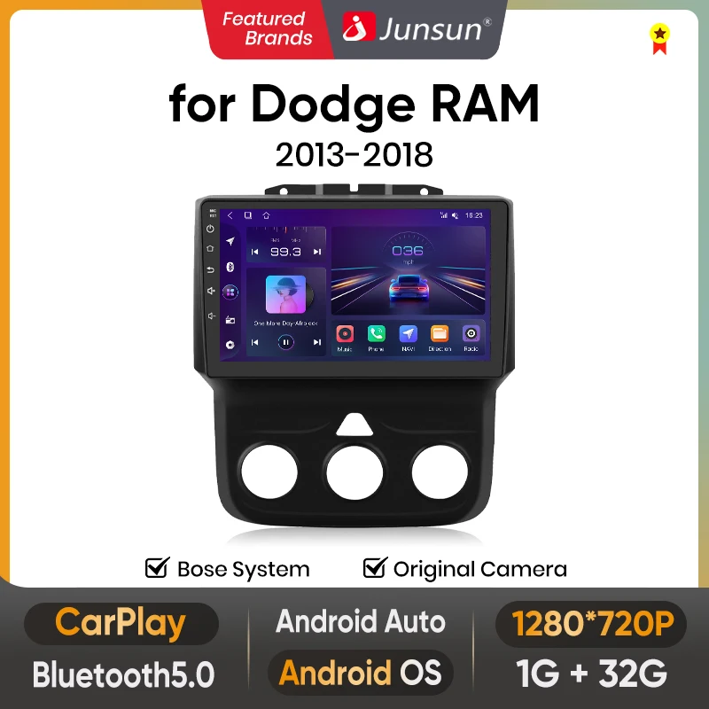 Junsun Auto GPS Navigation Multimedia Player for Dodge Ram 2013- 2017 2018 2019 Built In Wireless Carplay Android Auto GPS Navigation Bluetooth 5.0 4G LTE 5G WiFi AI Voice Control  Car Intelligent Systems Car Radio