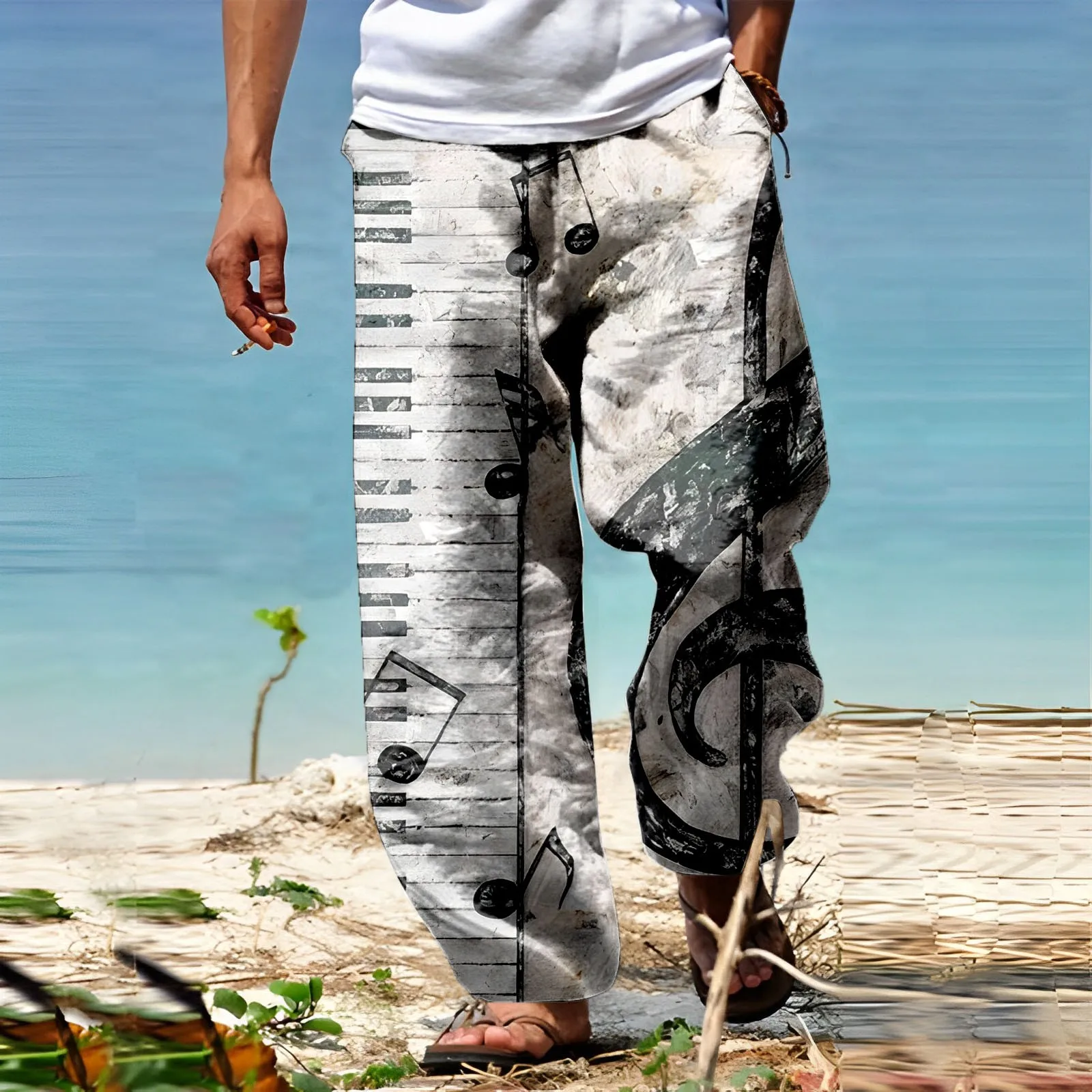 Male Summer Beach Pants Elastic Drawstring Breathable Linen Like Trousers Printed Trousers Comfort Tether Straight Leg Pants