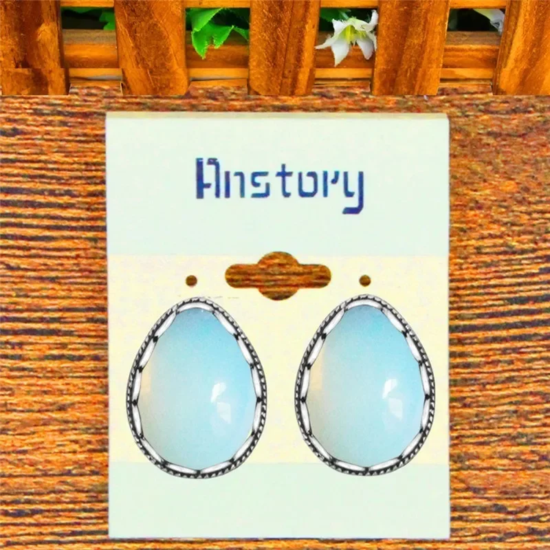 Vintage Water Drop Opal Stud Earrings For Women Stainless Steel Pin Stud Antique Silver Plated Fashion Jewelry