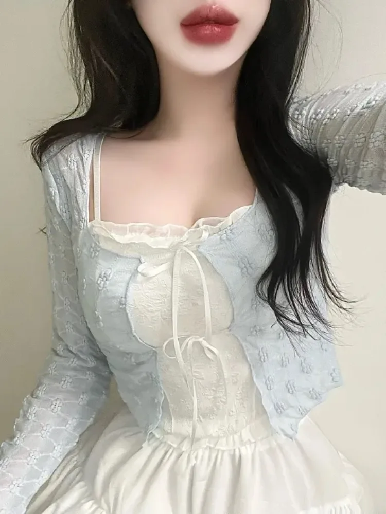 

Шикарная летняя облегающая верхняя одежда Sweet Tie Dye Long Sve с кружевом и защитой от солнца, женская тонкая дизайнерская одежда с узлом