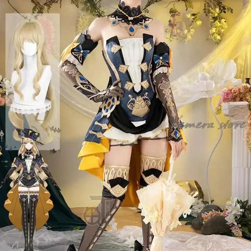 

Navia Cosplay Costume Genshin Impact Fontaine Spina Di Rosula Dress Curly Wig Hat Gloves Necklace Clorinde Socks Legging OZ4932