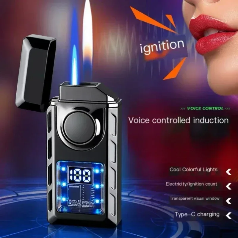 Sound Control Ignition Dual Fire Gas Lighter Creative Light Battery Display Open Flame Switch Jet Fire USB Electric Lighter