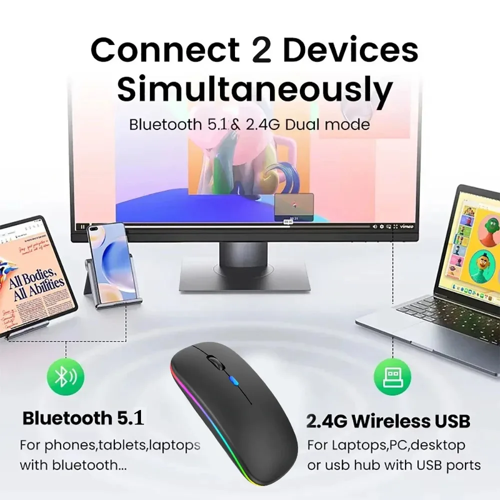 Bluetooth Muis 2.4GHz Draadloze Muis Muizen Oplaadbare Muis Stille Muis LED Backlit USB Gaming Muis 1600DPI voor PC Laptop