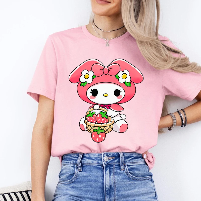 My Melody Strawberry Picking Printed Women's T-shirt Pure Cotton Short Sleeve Casual Top Personalized Women's Clothing