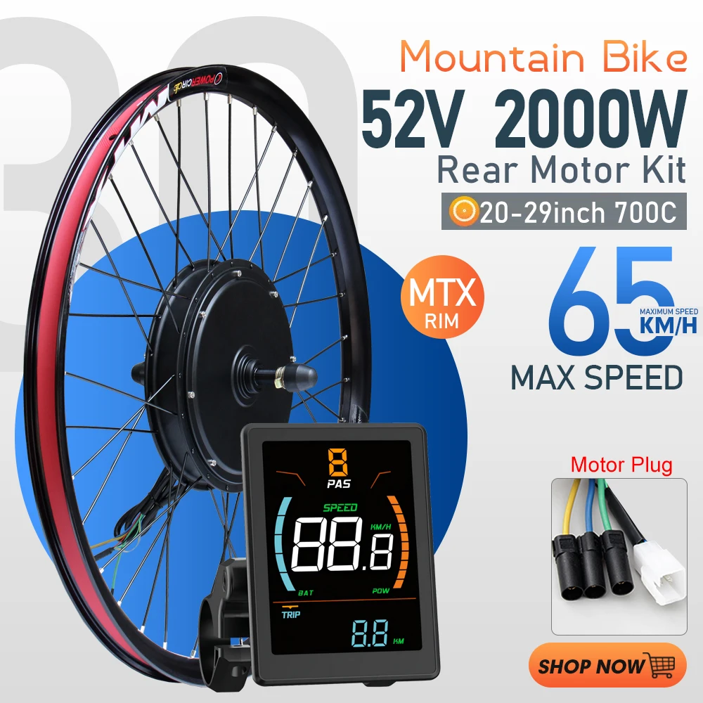 

MTX 52V 2000W Electric Bike Conversion Kit 27.5in 28in Brushless Non-gear Hub Motor Wheel Rear Dropout 135mm For Ebike Motor Kit