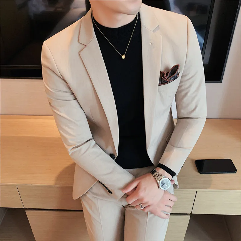 (Jas + Broek) 2023 Pakken Mode Nieuwe Mannen Hoge Kwaliteit Lage Prijs Zakelijke Bruiloft Bruidegom Pure Kleur Blazers Broek 2 Stuks Set