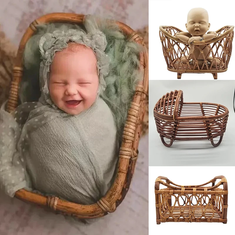 

Baby Photography Props Vintage Nostalgia Rattan Basket Chair Handmade Weave Background Bed Posing Newborn Shooting Accessories